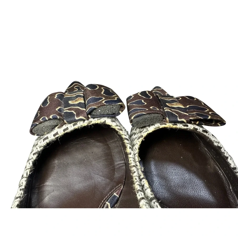 Tory Burch Woven Pointed Toe Bow Pumps Brown Tan Mixed Print Heels 6.5M